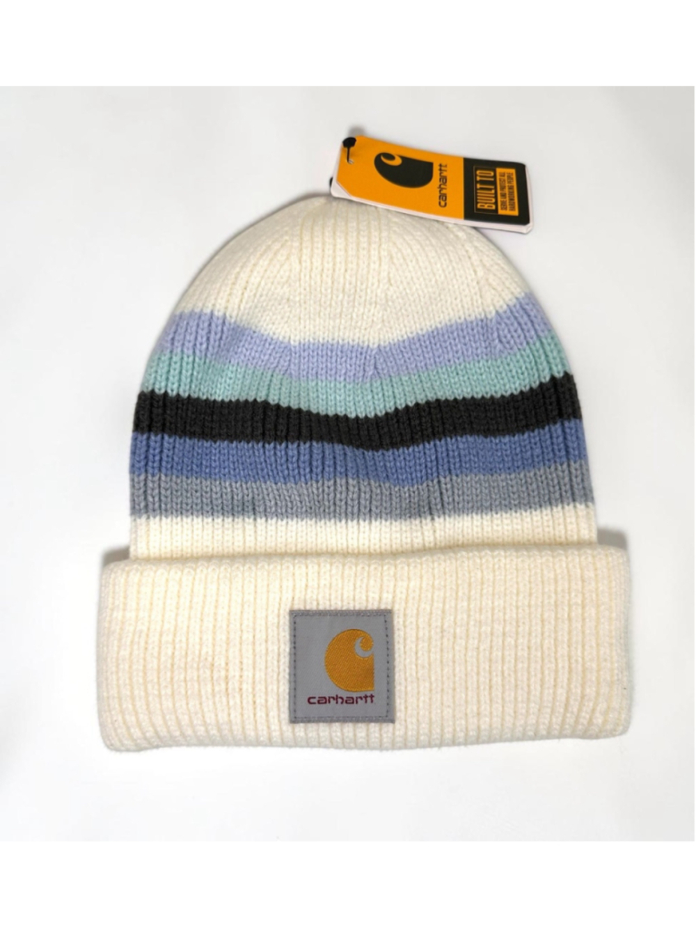 Carhartt Women's Rib-Knit Beanie Winter White Blue Stripe Stretch Logo Hat NWT